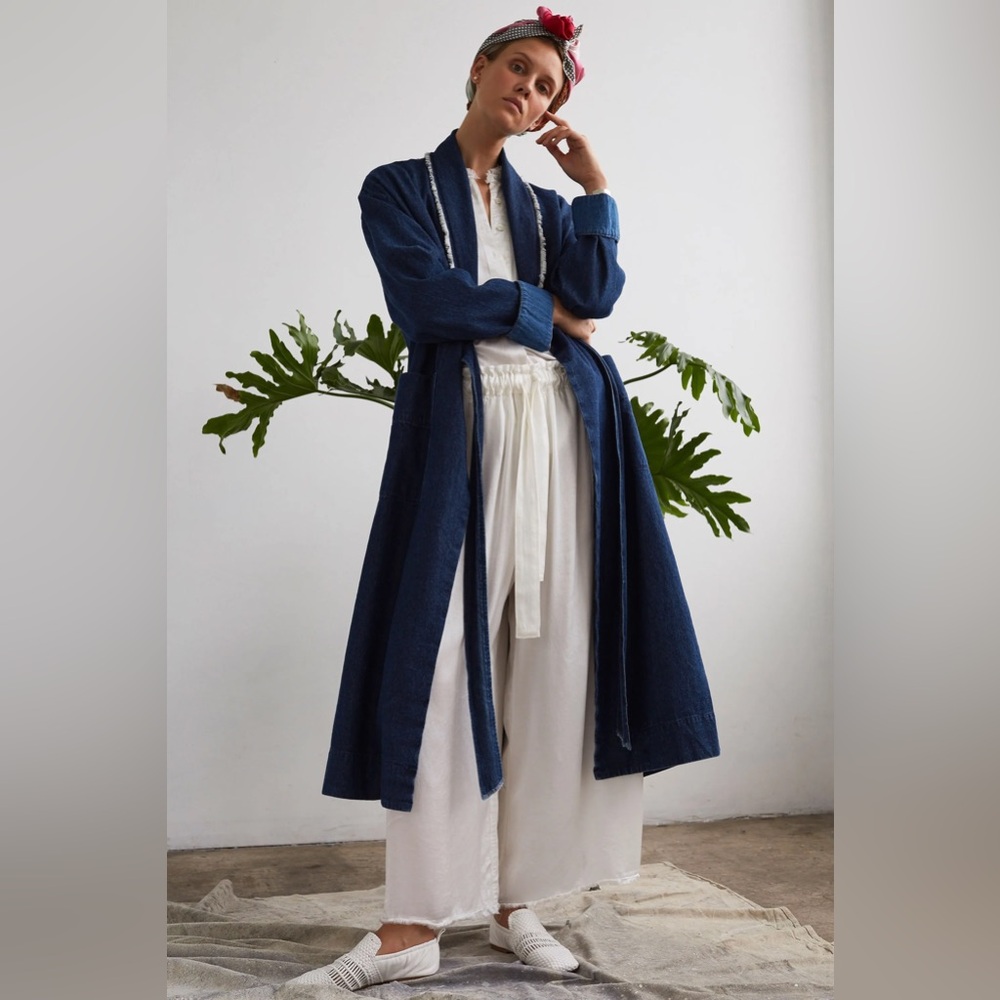 RAQUEL ALLEGRA Denim Frayed Trench Coat Size 0 Small